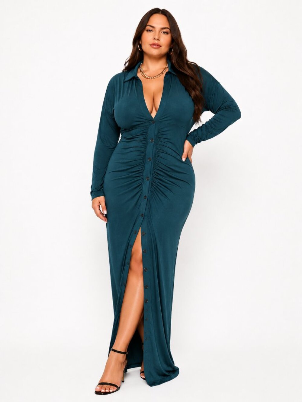 Remi x Revolve Claudia Ruched Maxi Dress Teal 2X Slinky Button Front
